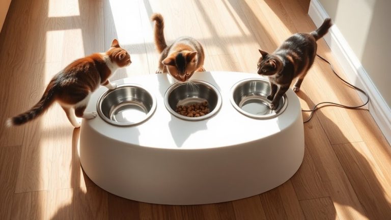 peaceful multiple cat feeding