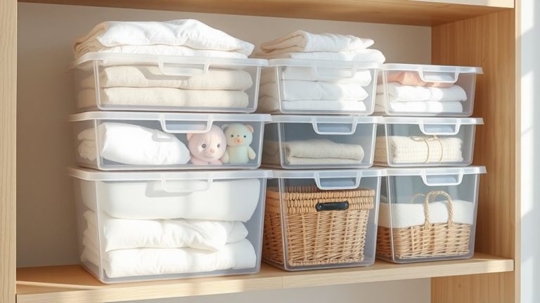stackable storage bins organized